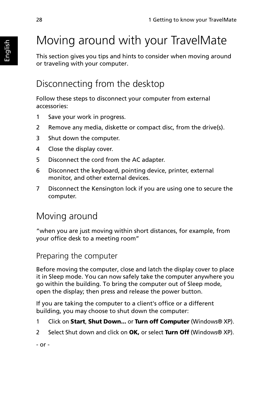 Moving around with your travelmate, Disconnecting from the desktop, Moving around | Preparing the computer | Acer 380 series User Manual | Page 36 / 88