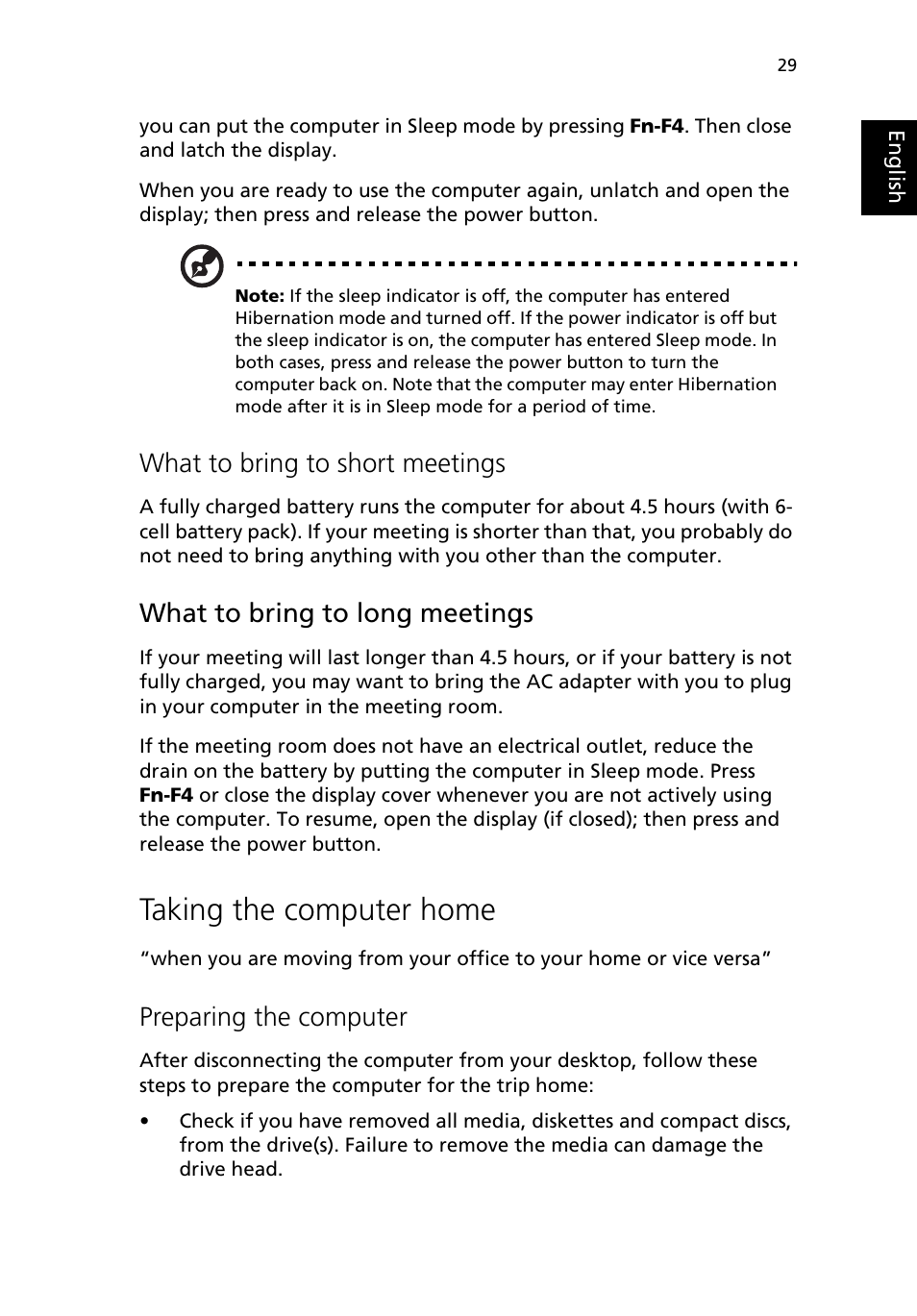 Taking the computer home, What to bring to short meetings, What to bring to long meetings | Preparing the computer | Acer 380 series User Manual | Page 37 / 88