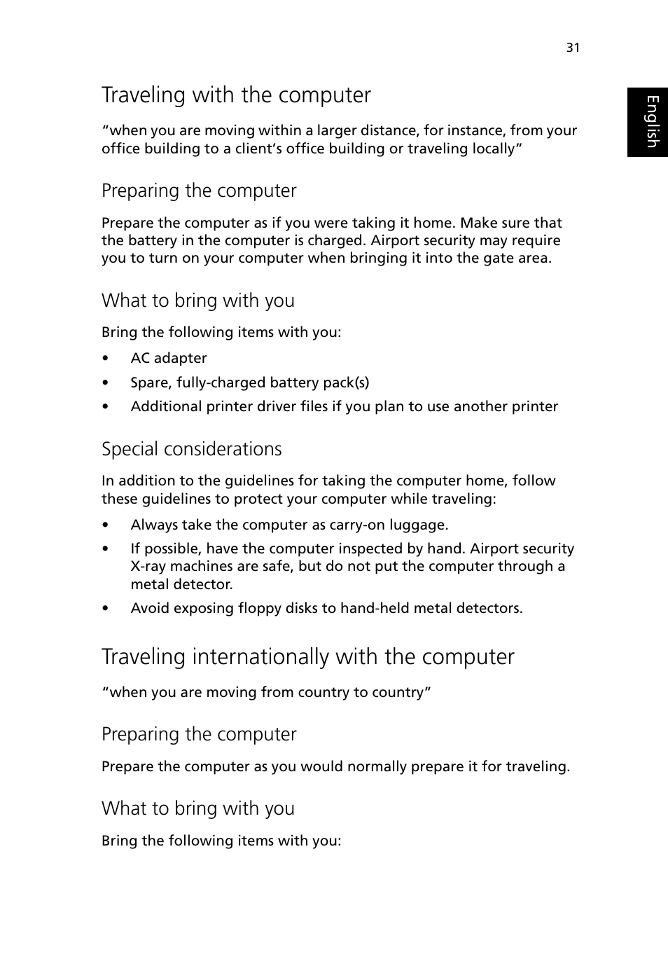 Traveling with the computer, Traveling internationally with the computer, Preparing the computer | What to bring with you, Special considerations | Acer 380 series User Manual | Page 39 / 88