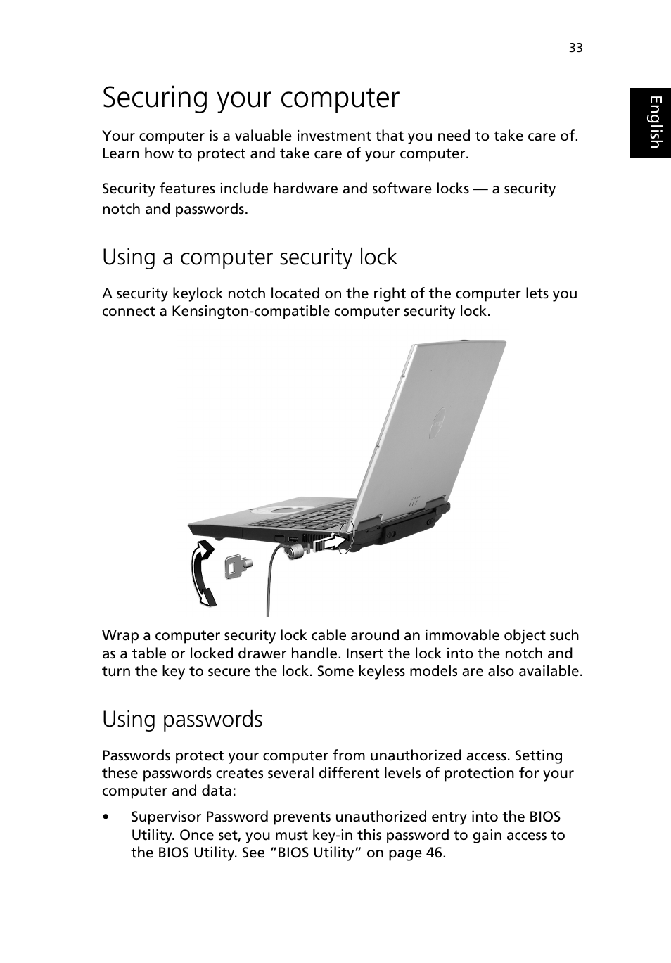 Securing your computer, Using a computer security lock, Using passwords | Acer 380 series User Manual | Page 41 / 88