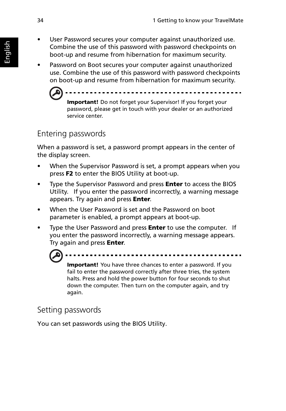 Entering passwords, Setting passwords | Acer 380 series User Manual | Page 42 / 88