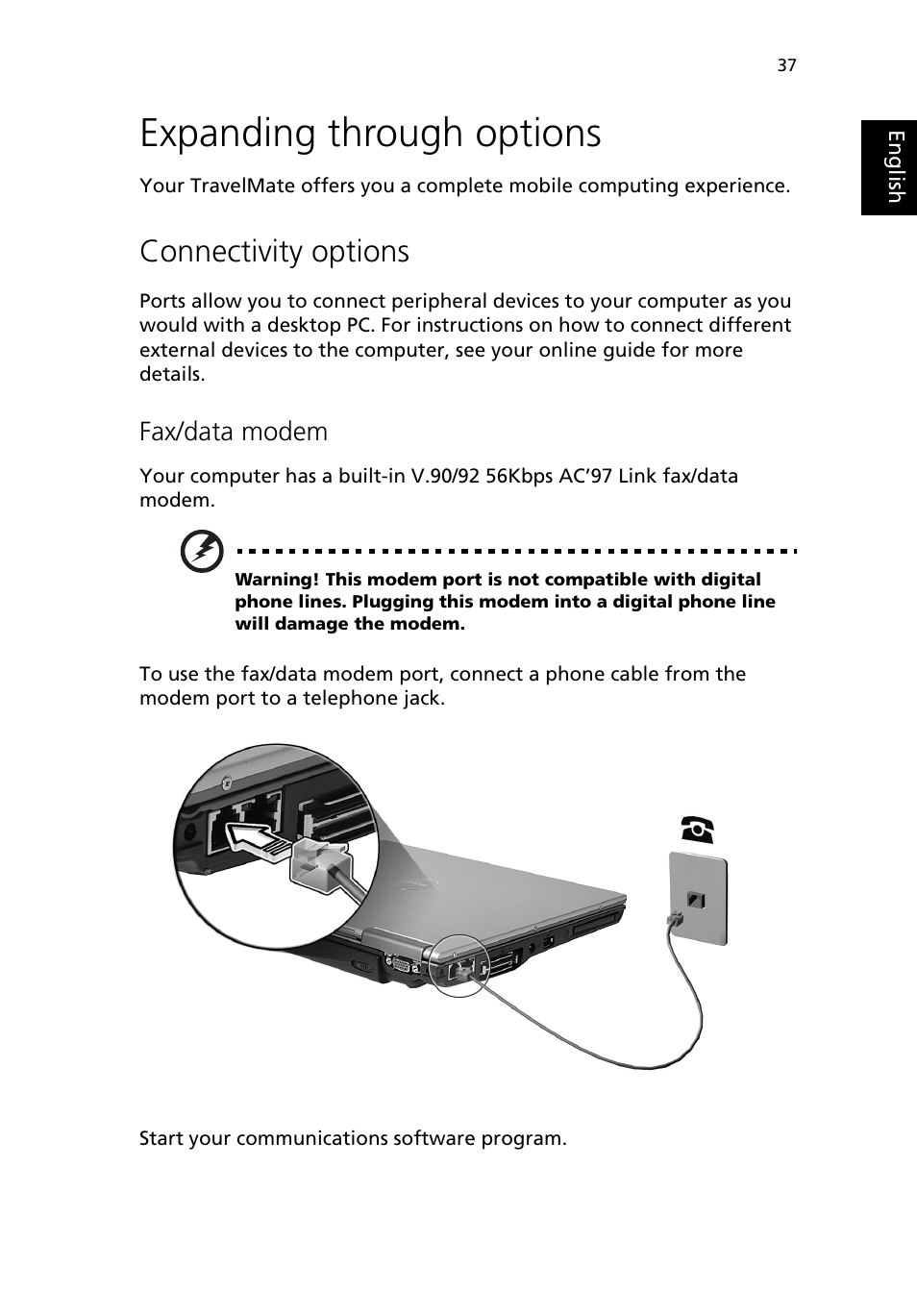 Expanding through options, Connectivity options, Fax/data modem | Acer 380 series User Manual | Page 45 / 88