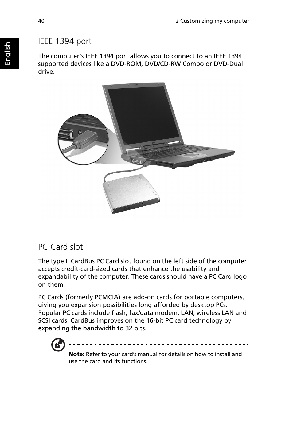 Ieee 1394 port, Pc card slot | Acer 380 series User Manual | Page 48 / 88