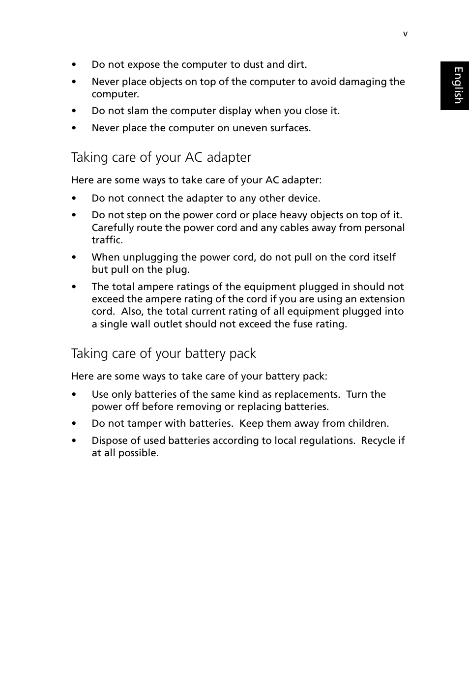 Taking care of your ac adapter, Taking care of your battery pack | Acer 380 series User Manual | Page 5 / 88
