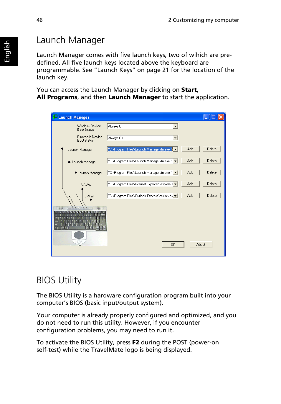 Launch manager, Bios utility | Acer 380 series User Manual | Page 54 / 88