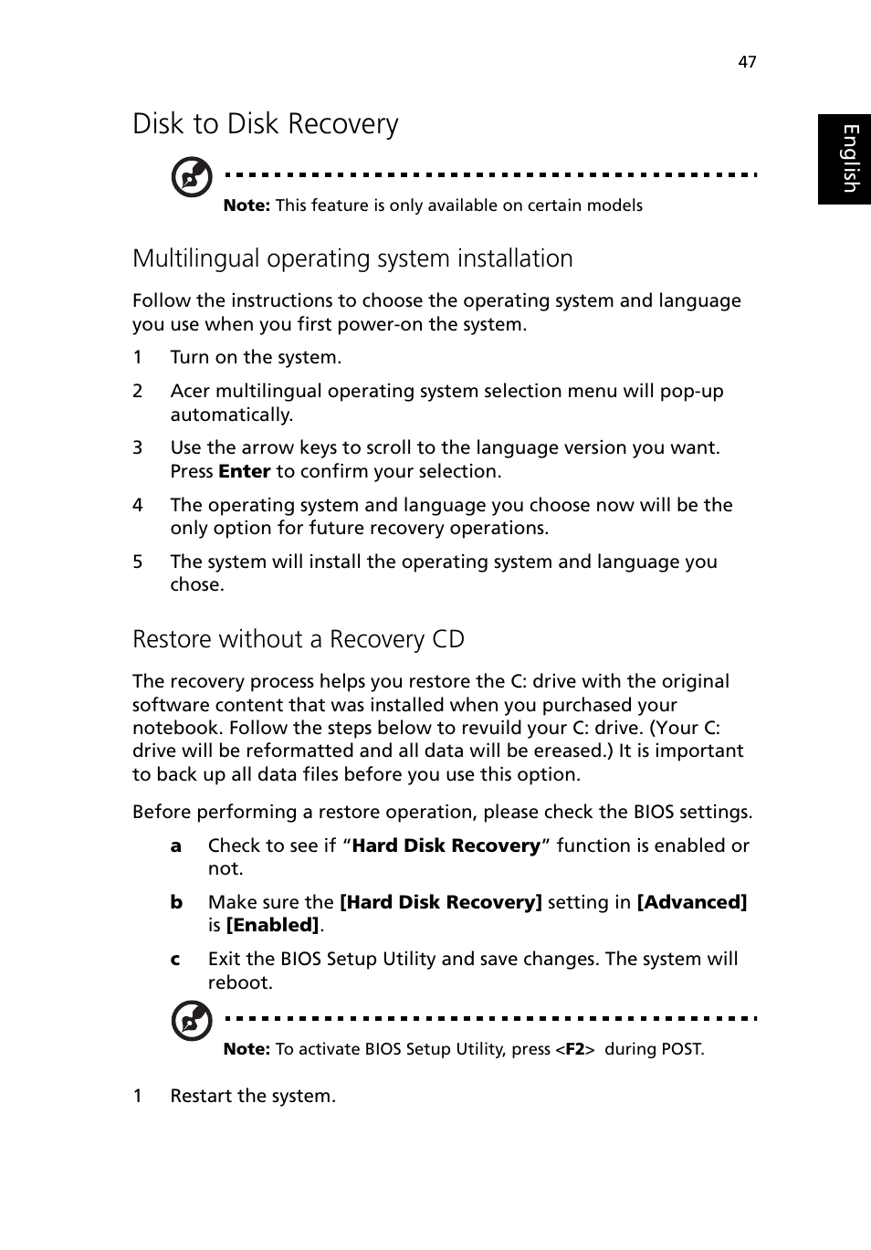 Disk to disk recovery, Multilingual operating system installation, Restore without a recovery cd | Acer 380 series User Manual | Page 55 / 88