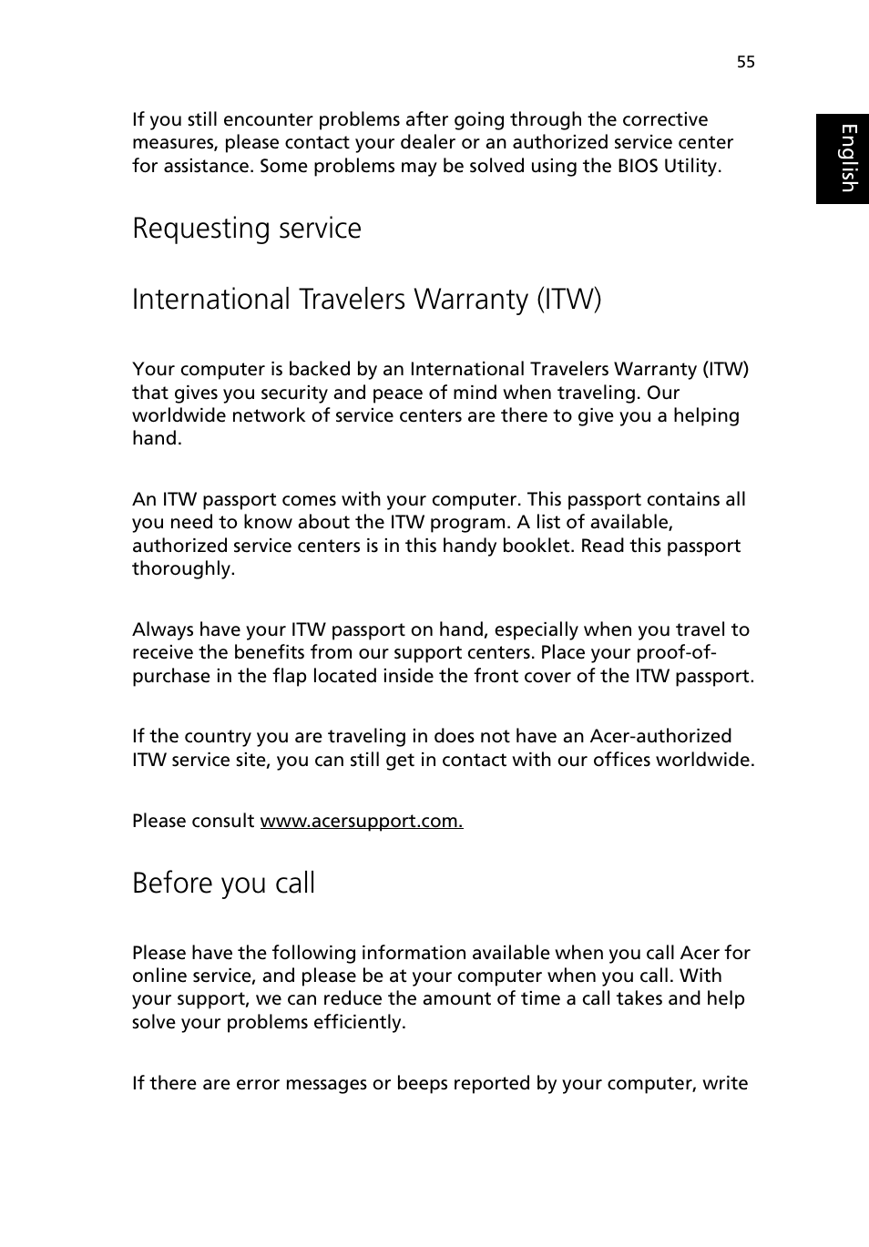 Requesting service, International travelers warranty (itw), Before you call | Acer 380 series User Manual | Page 63 / 88