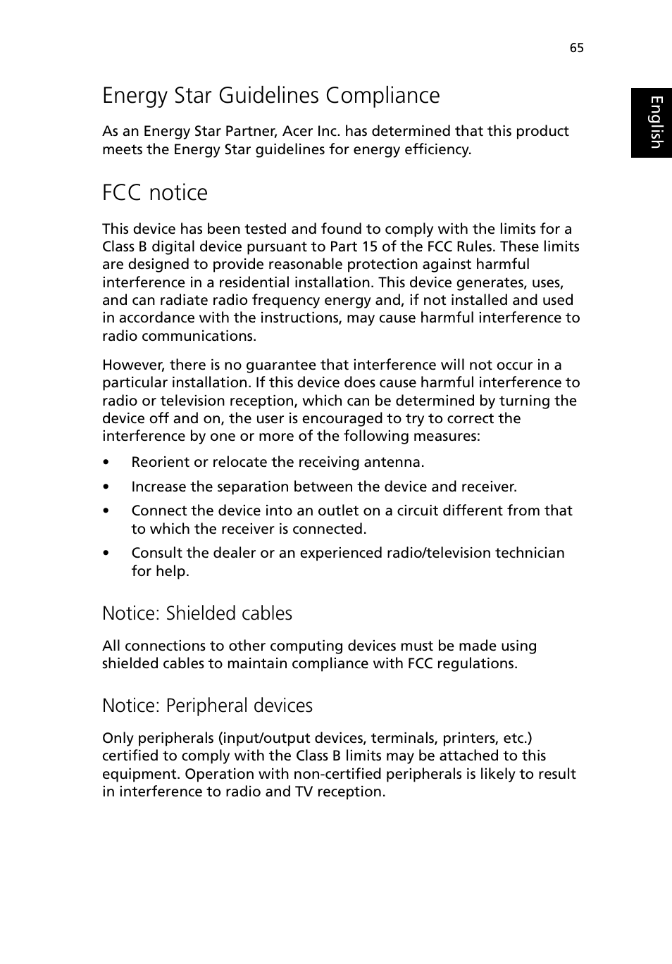 Energy star guidelines compliance, Fcc notice, Notice: shielded cables | Notice: peripheral devices | Acer 380 series User Manual | Page 73 / 88