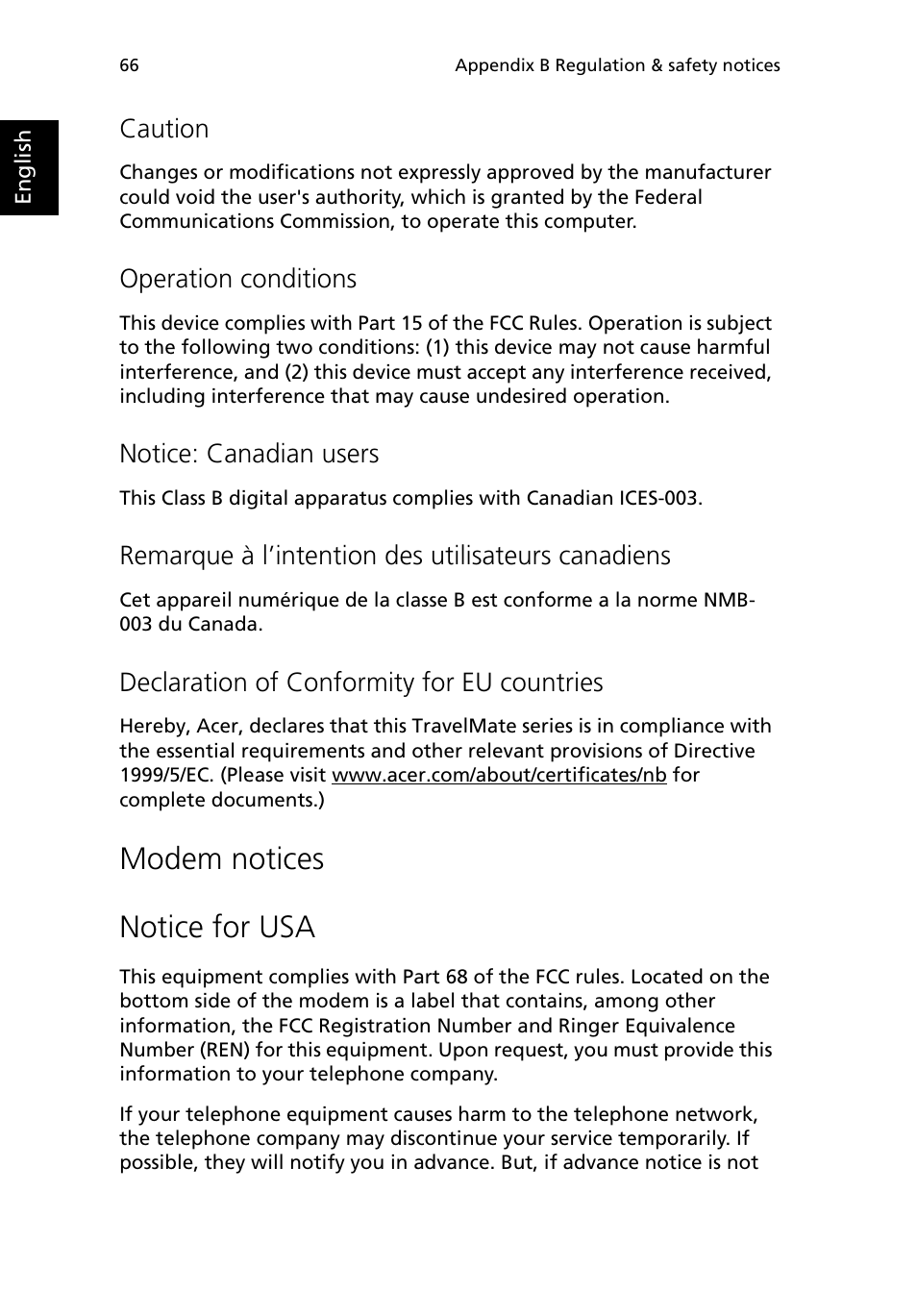 Modem notices notice for usa, Caution, Operation conditions | Notice: canadian users, Remarque à l’intention des utilisateurs canadiens, Declaration of conformity for eu countries | Acer 380 series User Manual | Page 74 / 88