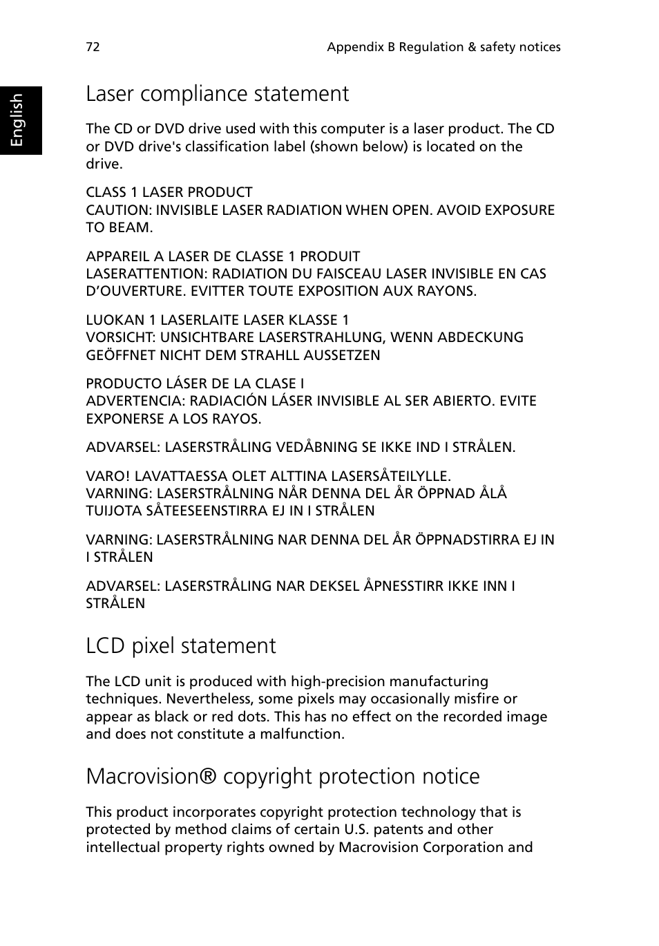 Laser compliance statement, Lcd pixel statement, Macrovision® copyright protection notice | Acer 380 series User Manual | Page 80 / 88