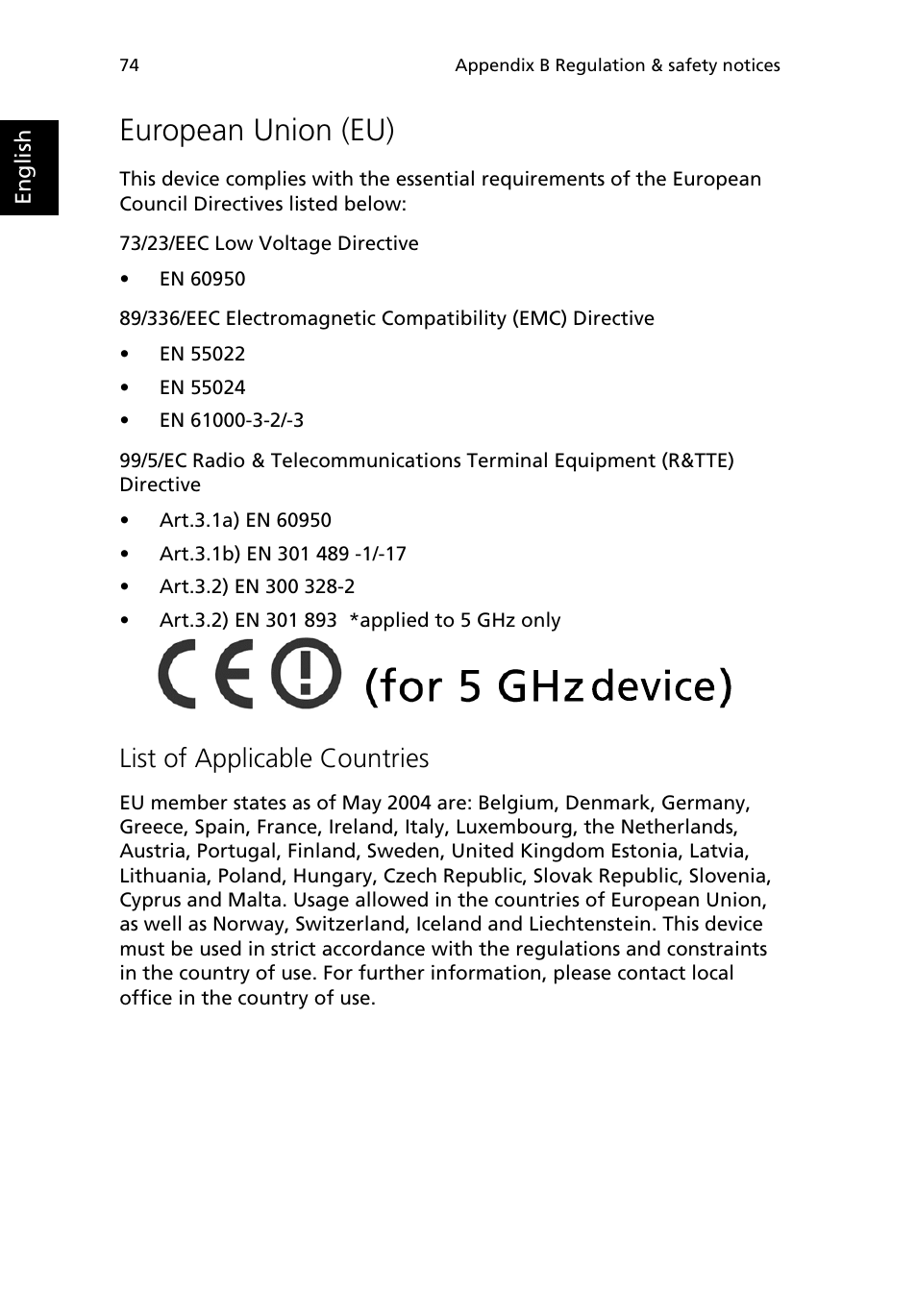 European union (eu), List of applicable countries | Acer 380 series User Manual | Page 82 / 88