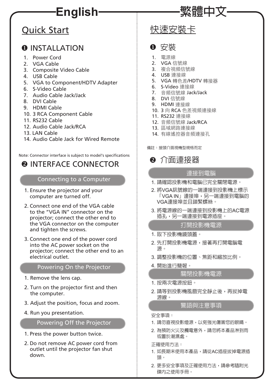 繁體中文, English, 快速安裝卡 | Quick start, 介面連接器, Installation, Interface connector | Acer P5271 Series User Manual | Page 2 / 2