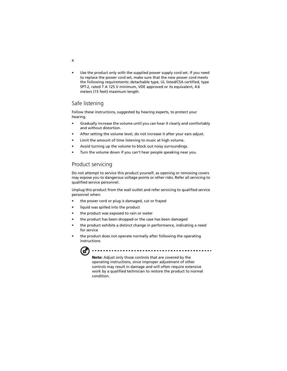 Safe listening, Product servicing | Acer Altos R920 Series User Manual | Page 10 / 206