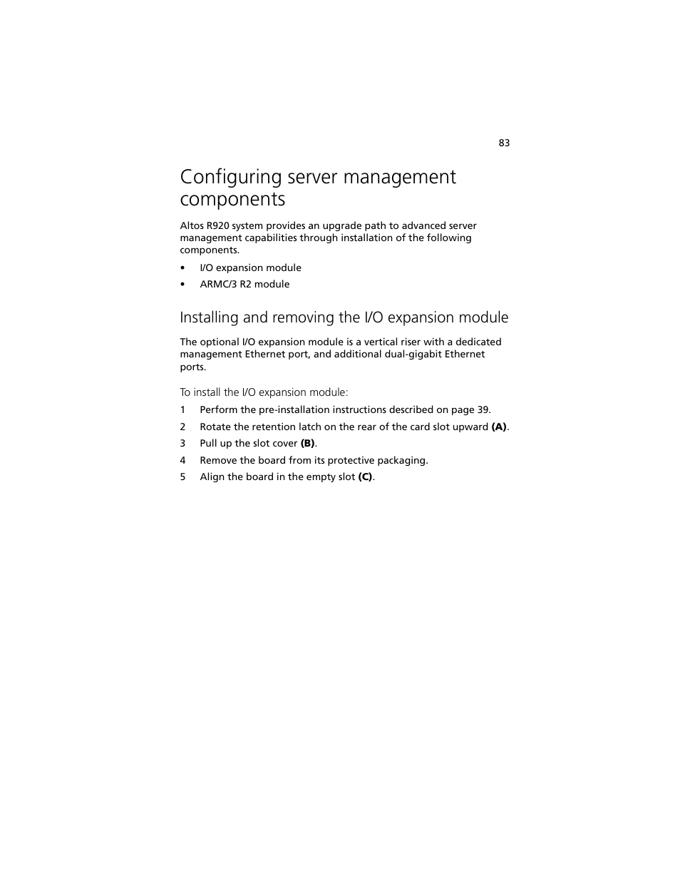 Configuring server management components, Installing and removing the i/o expansion module | Acer Altos R920 Series User Manual | Page 101 / 206