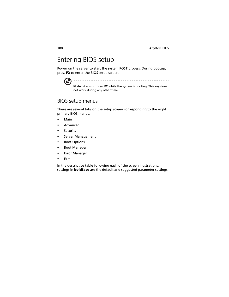 Entering bios setup, Bios setup menus | Acer Altos R920 Series User Manual | Page 118 / 206