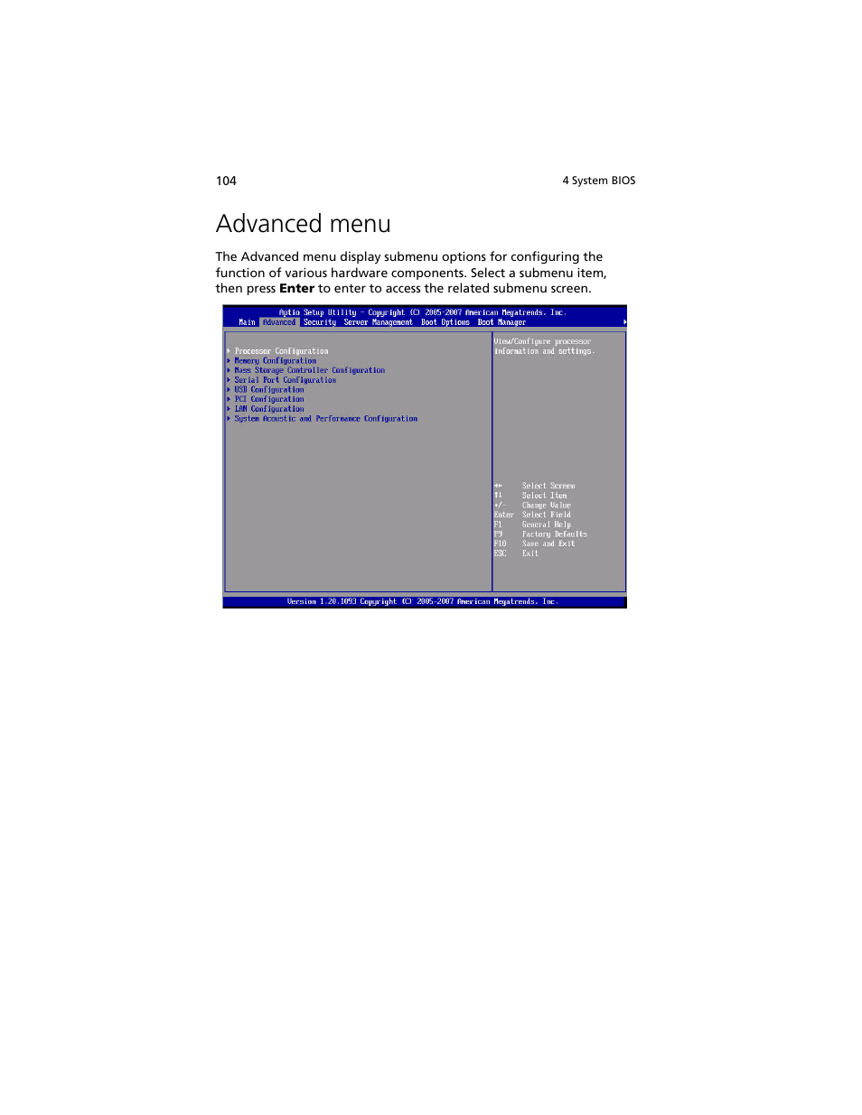 Advanced menu | Acer Altos R920 Series User Manual | Page 122 / 206
