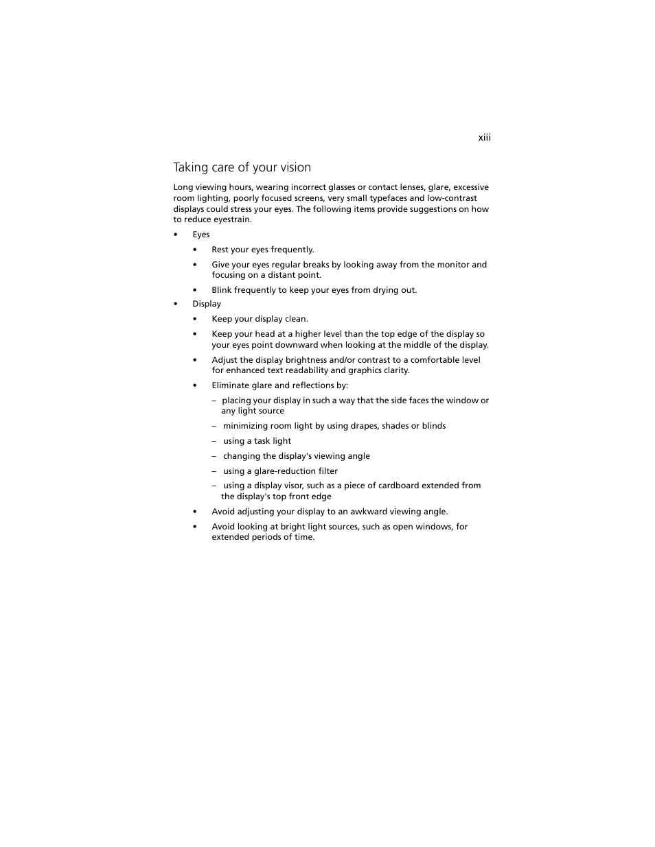 Taking care of your vision | Acer Altos R920 Series User Manual | Page 13 / 206