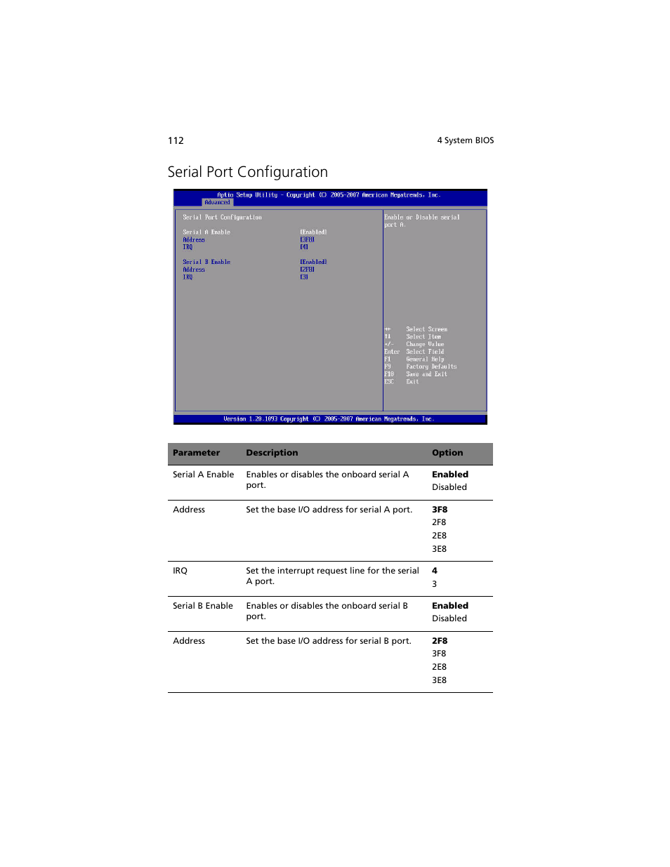 Serial port configuration | Acer Altos R920 Series User Manual | Page 130 / 206