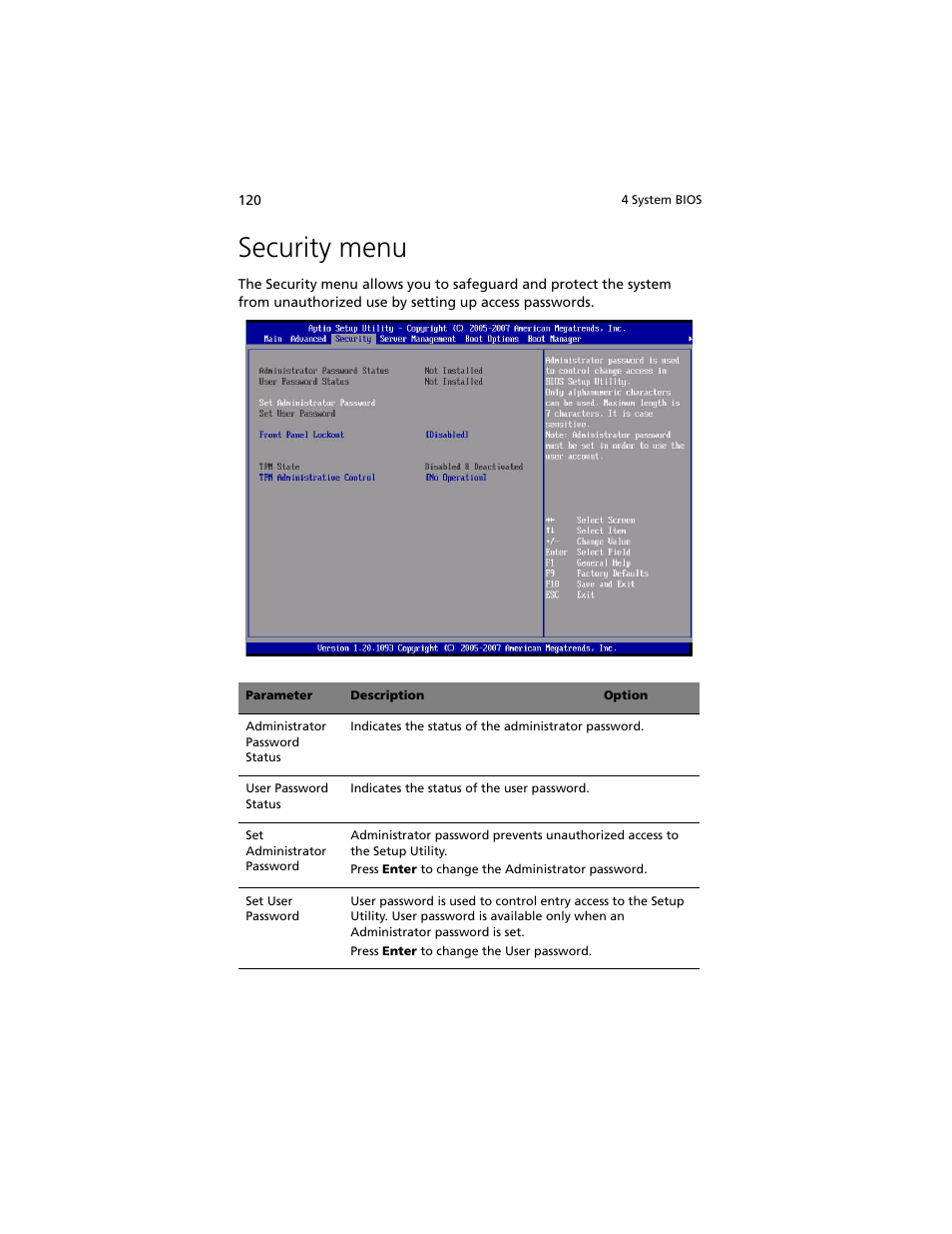 Security menu | Acer Altos R920 Series User Manual | Page 138 / 206