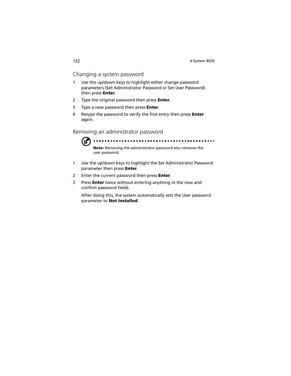 Changing a system password, Removing an administrator password | Acer Altos R920 Series User Manual | Page 140 / 206