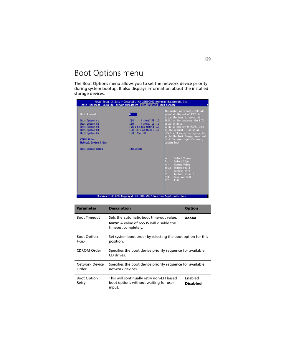 Boot options menu | Acer Altos R920 Series User Manual | Page 147 / 206