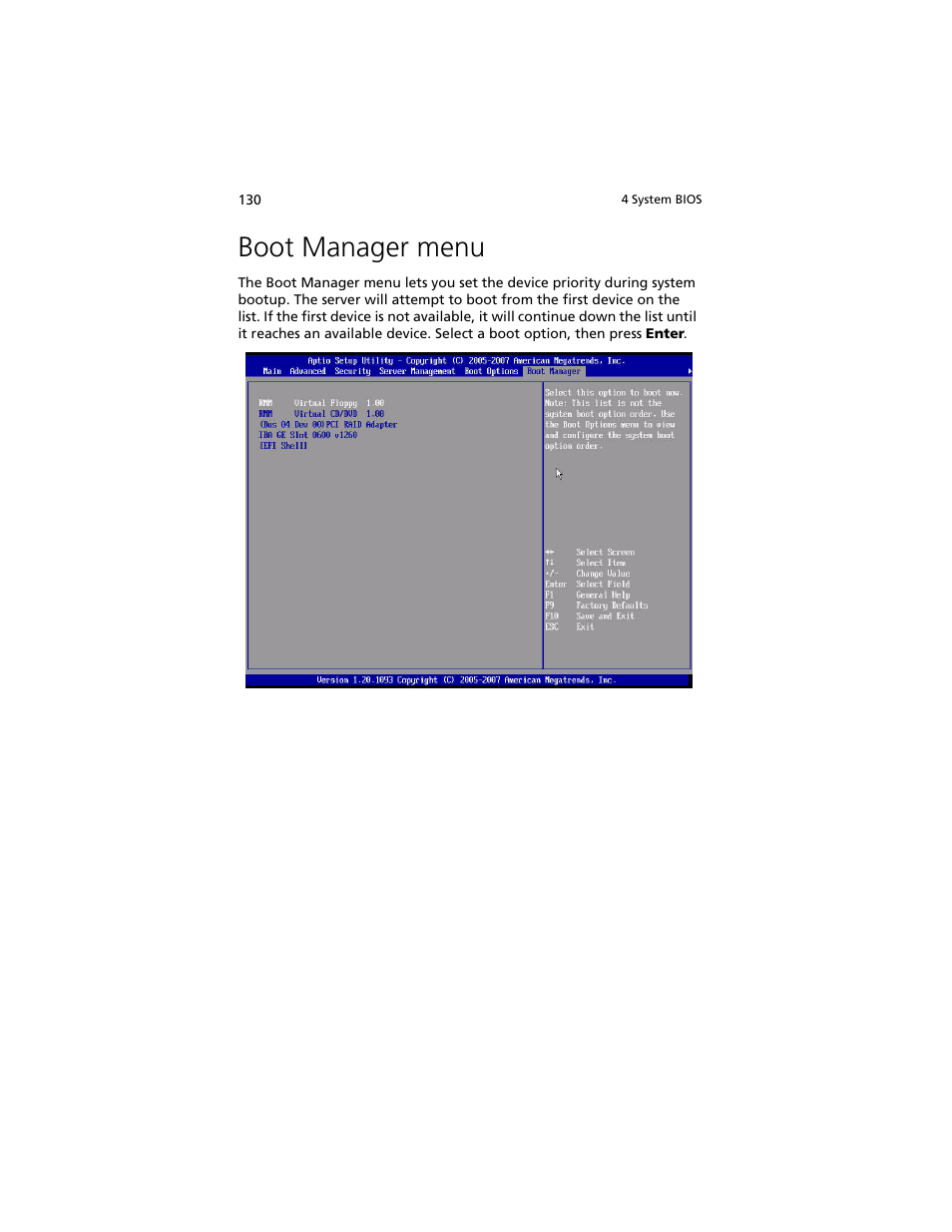 Boot manager menu | Acer Altos R920 Series User Manual | Page 148 / 206