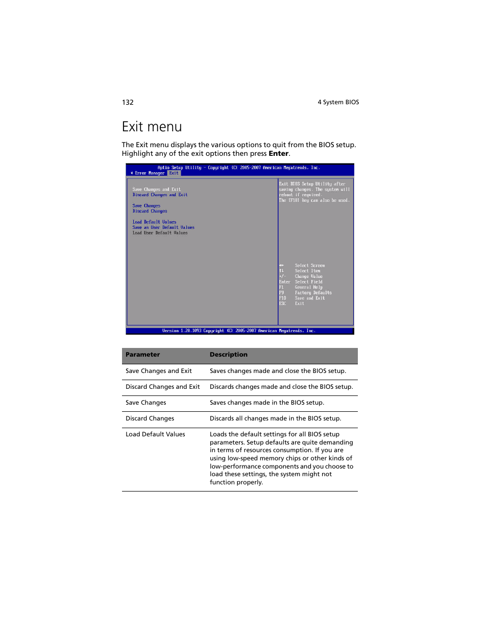 Exit menu | Acer Altos R920 Series User Manual | Page 150 / 206