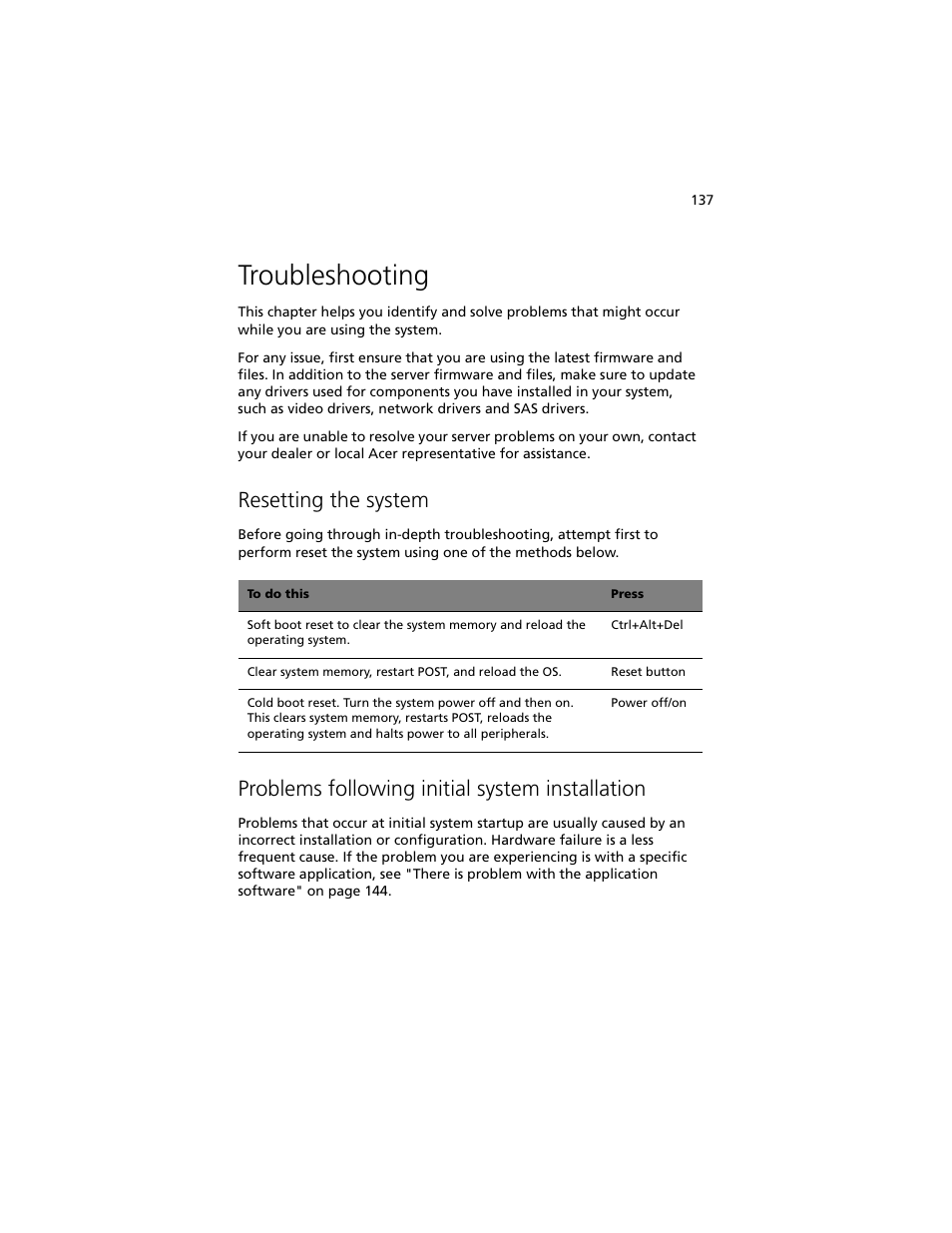 Troubleshooting, Resetting the system, Problems following initial system installation | Acer Altos R920 Series User Manual | Page 155 / 206