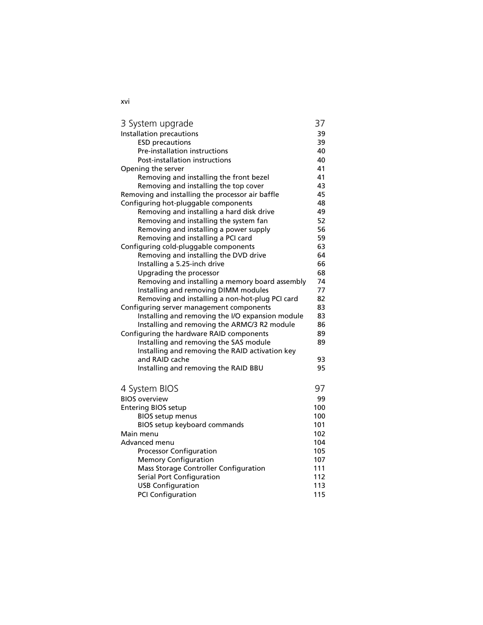 3 system upgrade 37, 4 system bios 97 | Acer Altos R920 Series User Manual | Page 16 / 206