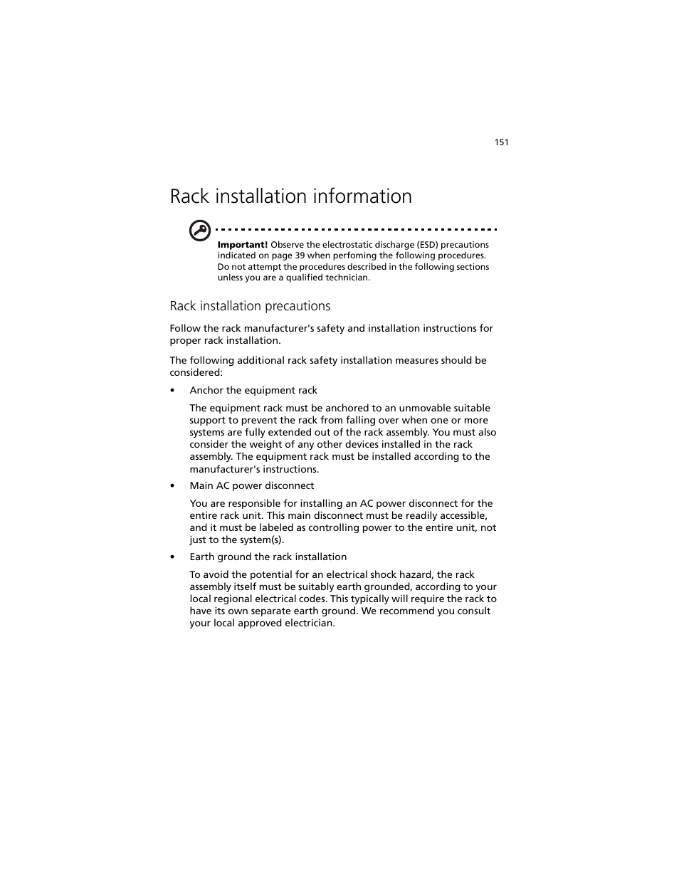 Rack installation information | Acer Altos R920 Series User Manual | Page 169 / 206