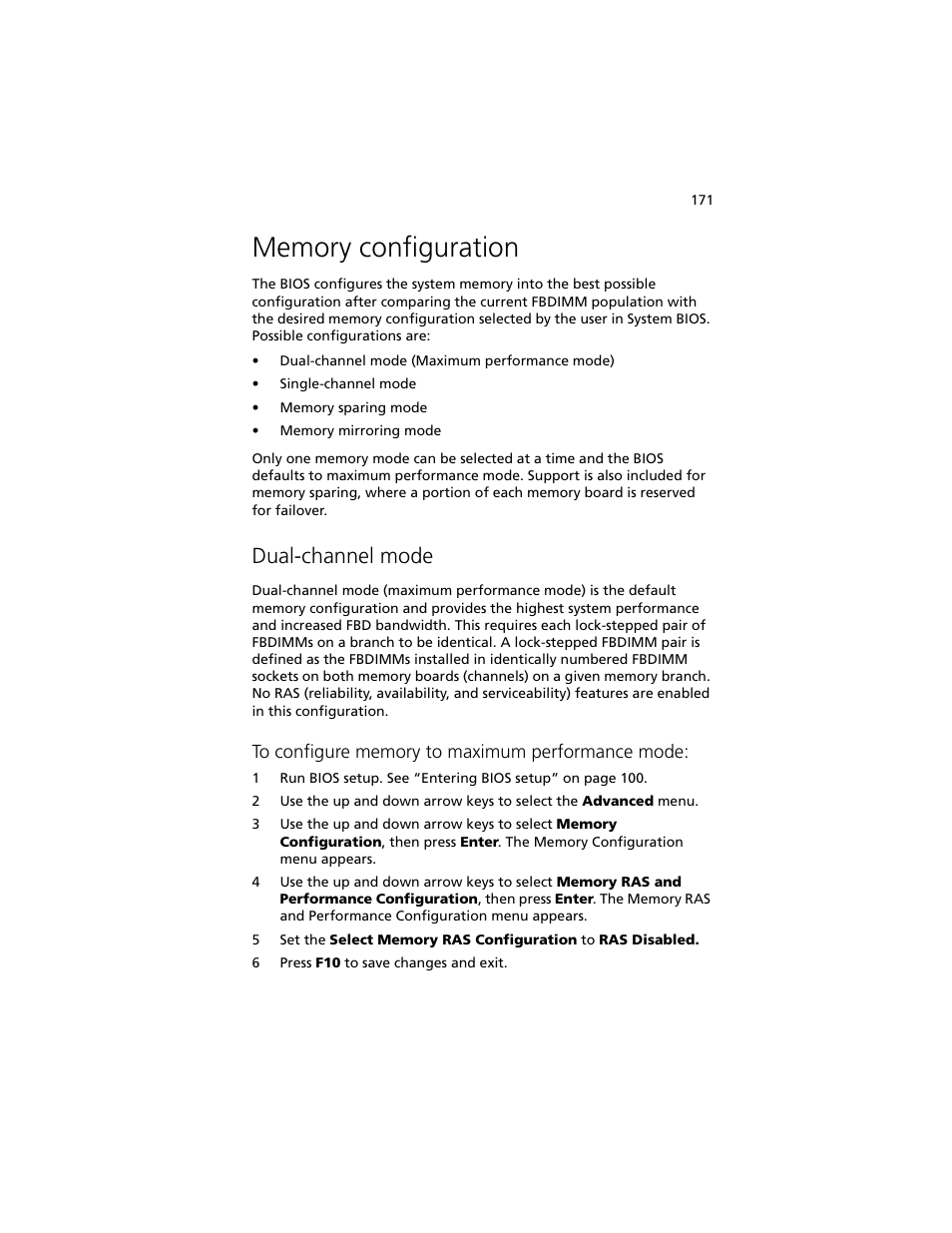 Memory configuration, Dual-channel mode | Acer Altos R920 Series User Manual | Page 189 / 206