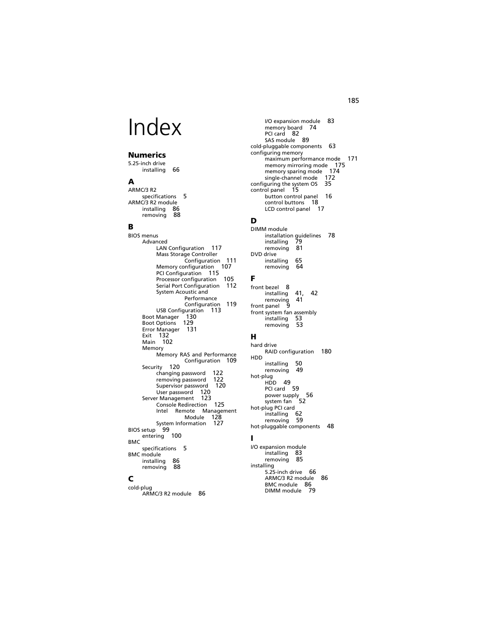 Index, Index 185, Numerics | Acer Altos R920 Series User Manual | Page 203 / 206