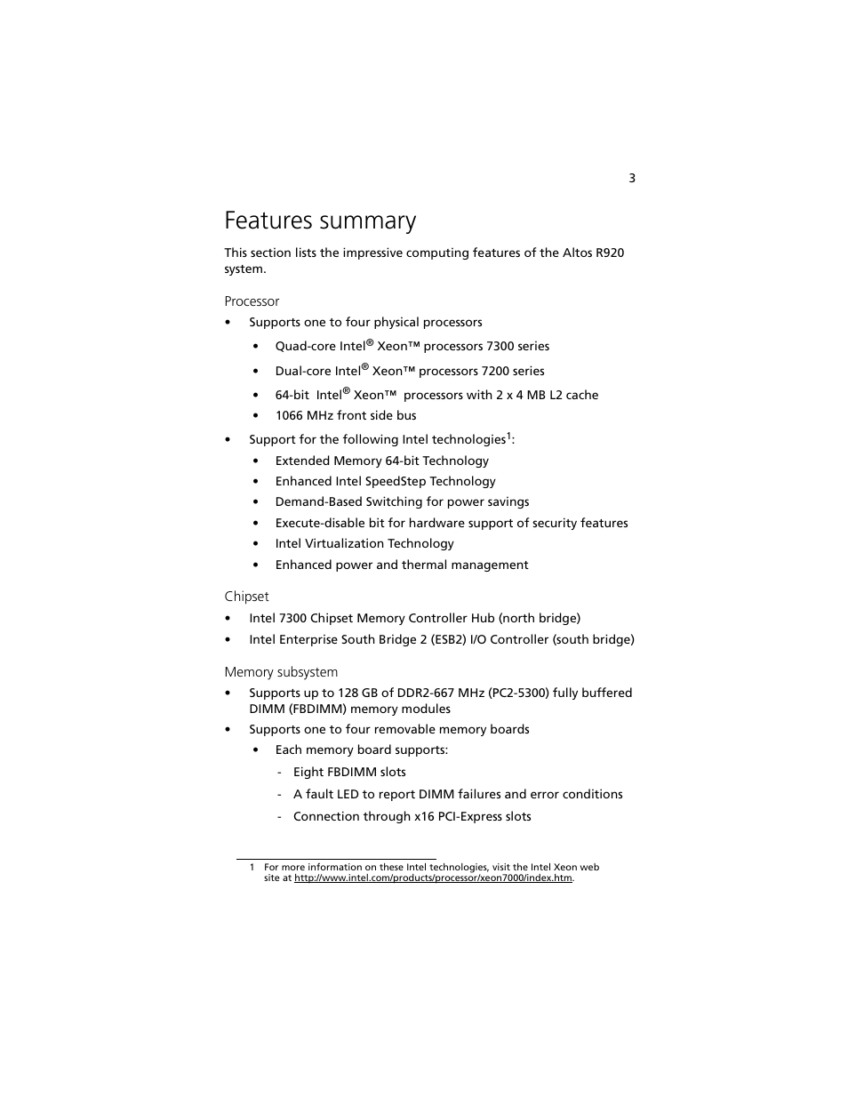 Features summary | Acer Altos R920 Series User Manual | Page 21 / 206