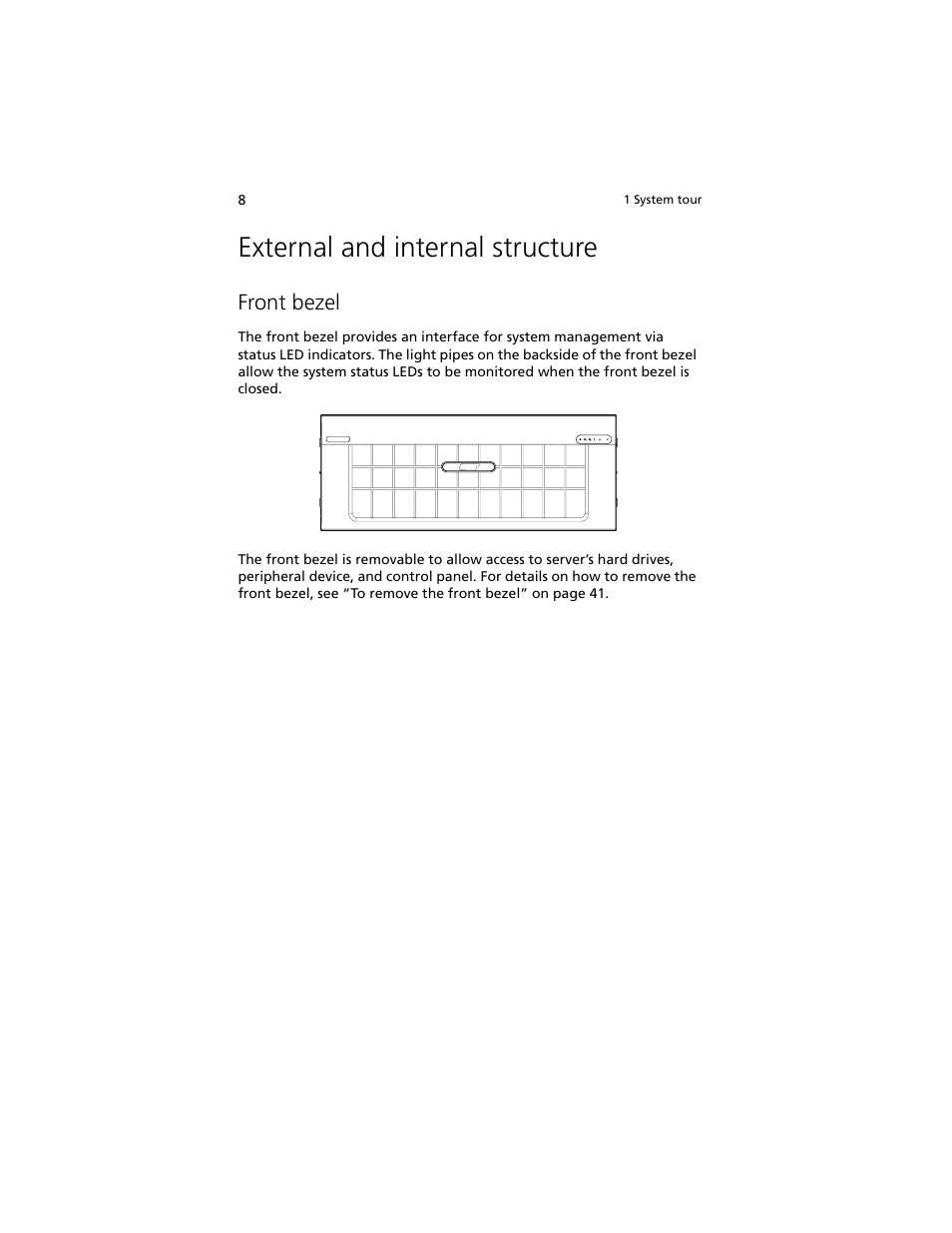 External and internal structure, Front bezel | Acer Altos R920 Series User Manual | Page 26 / 206