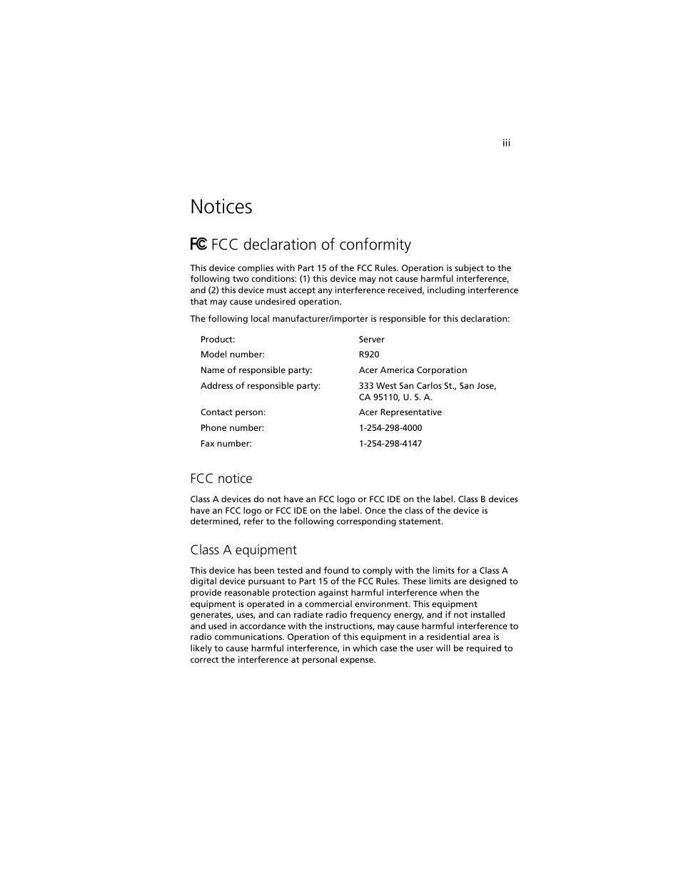 Notices, Fcc declaration of conformity, Fcc notice | Class a equipment | Acer Altos R920 Series User Manual | Page 3 / 206