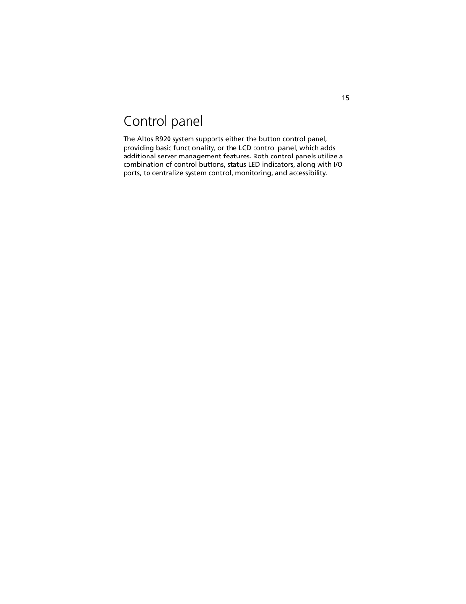 Control panel | Acer Altos R920 Series User Manual | Page 33 / 206