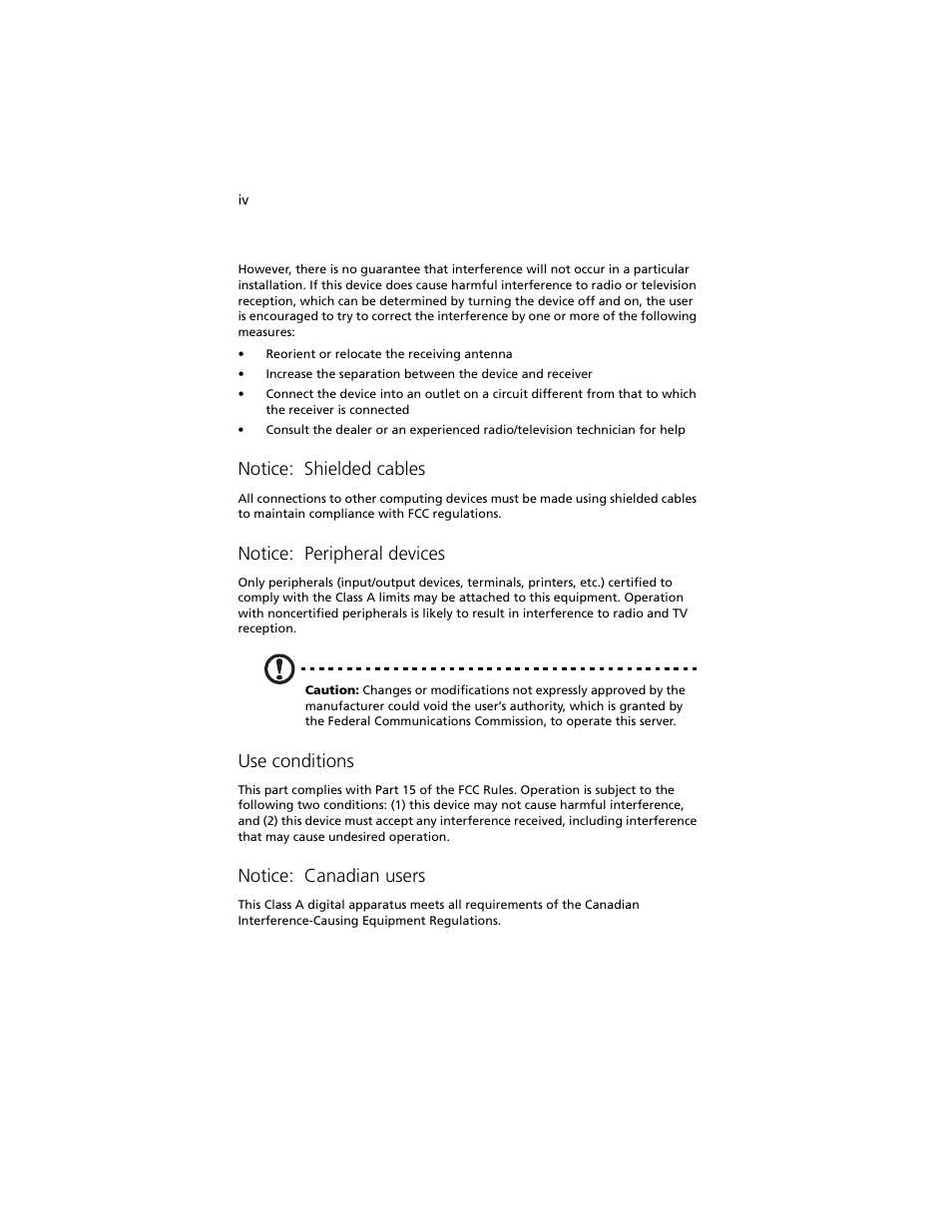 Notice: shielded cables, Notice: peripheral devices, Use conditions | Notice: canadian users | Acer Altos R920 Series User Manual | Page 4 / 206