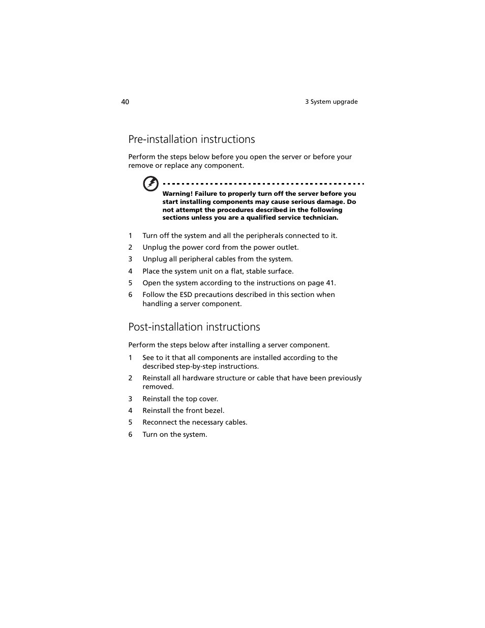 Pre-installation instructions, Post-installation instructions | Acer Altos R920 Series User Manual | Page 58 / 206