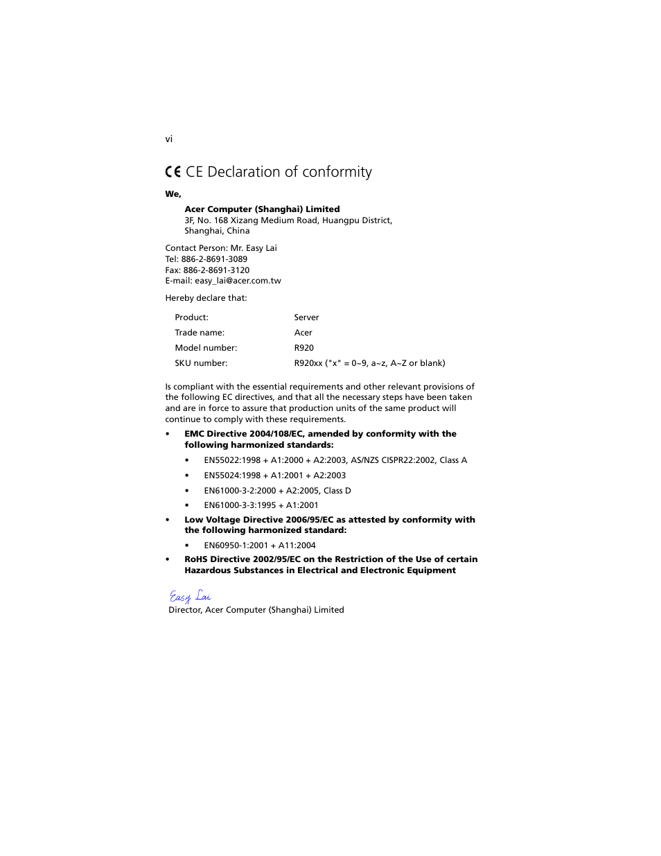 Ce declaration of conformity | Acer Altos R920 Series User Manual | Page 6 / 206
