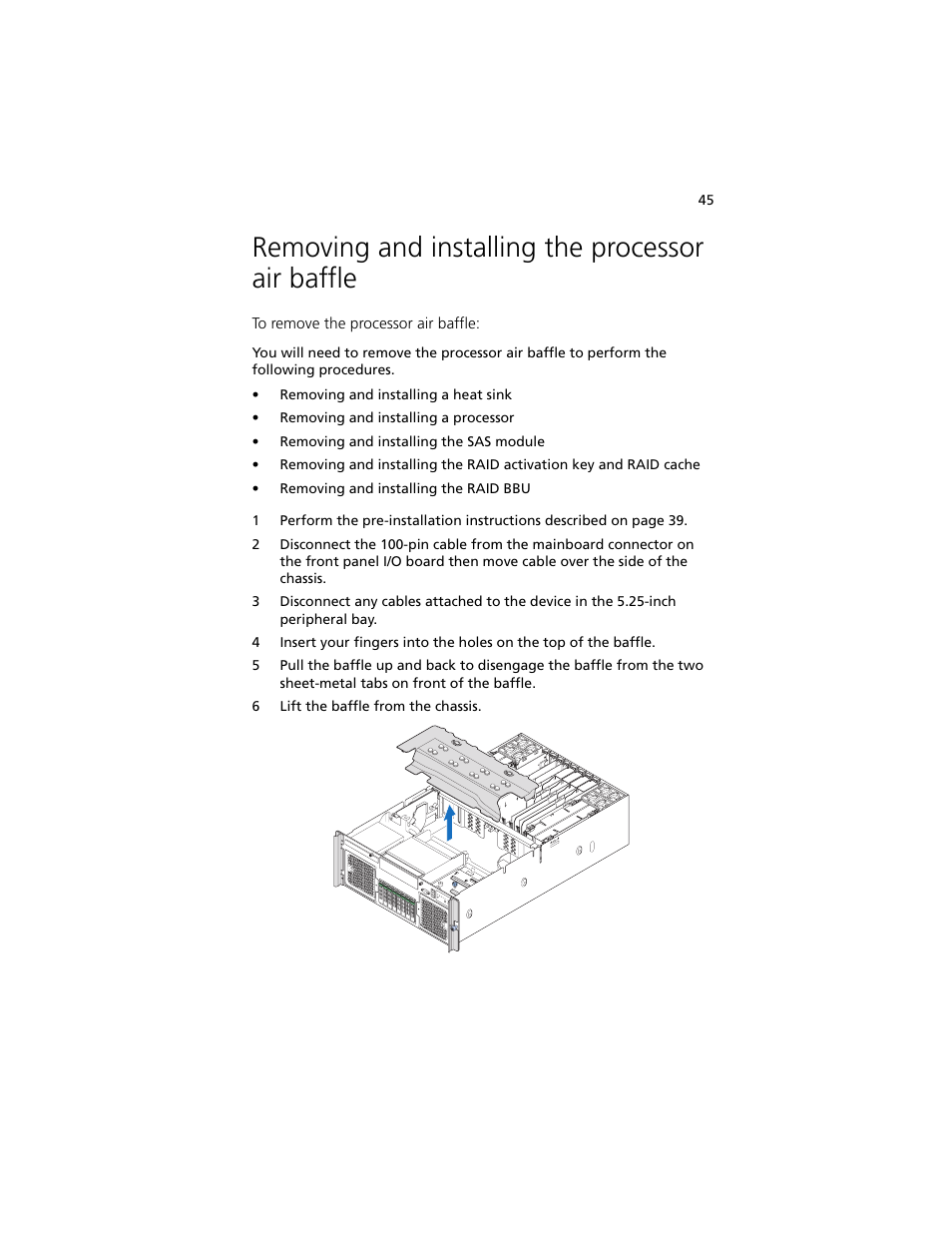 Removing and installing the processor air baffle | Acer Altos R920 Series User Manual | Page 63 / 206