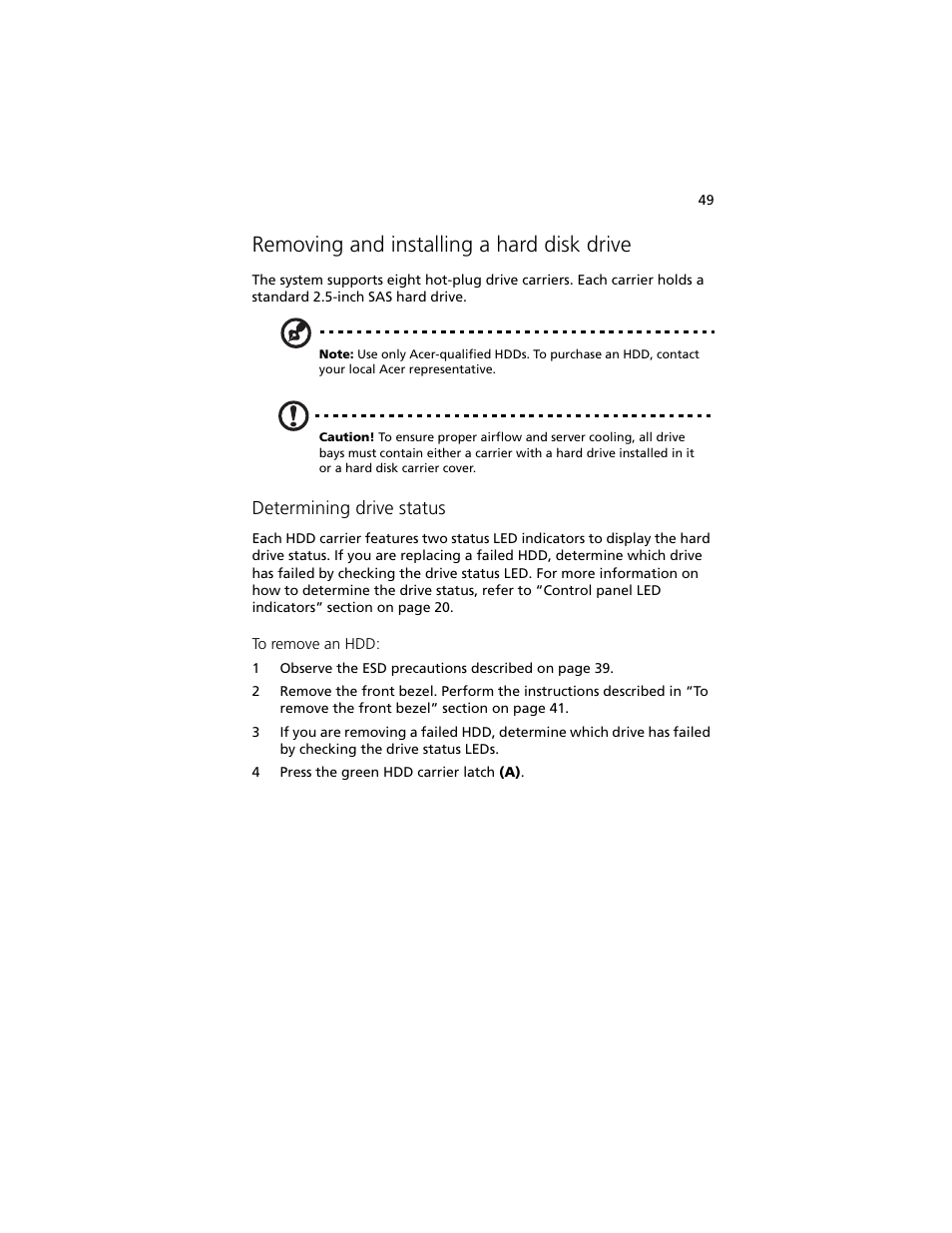 Removing and installing a hard disk drive, Determining drive status | Acer Altos R920 Series User Manual | Page 67 / 206