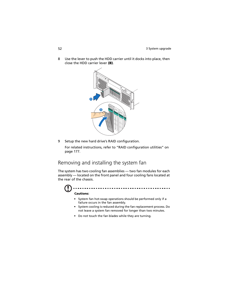 Removing and installing the system fan | Acer Altos R920 Series User Manual | Page 70 / 206