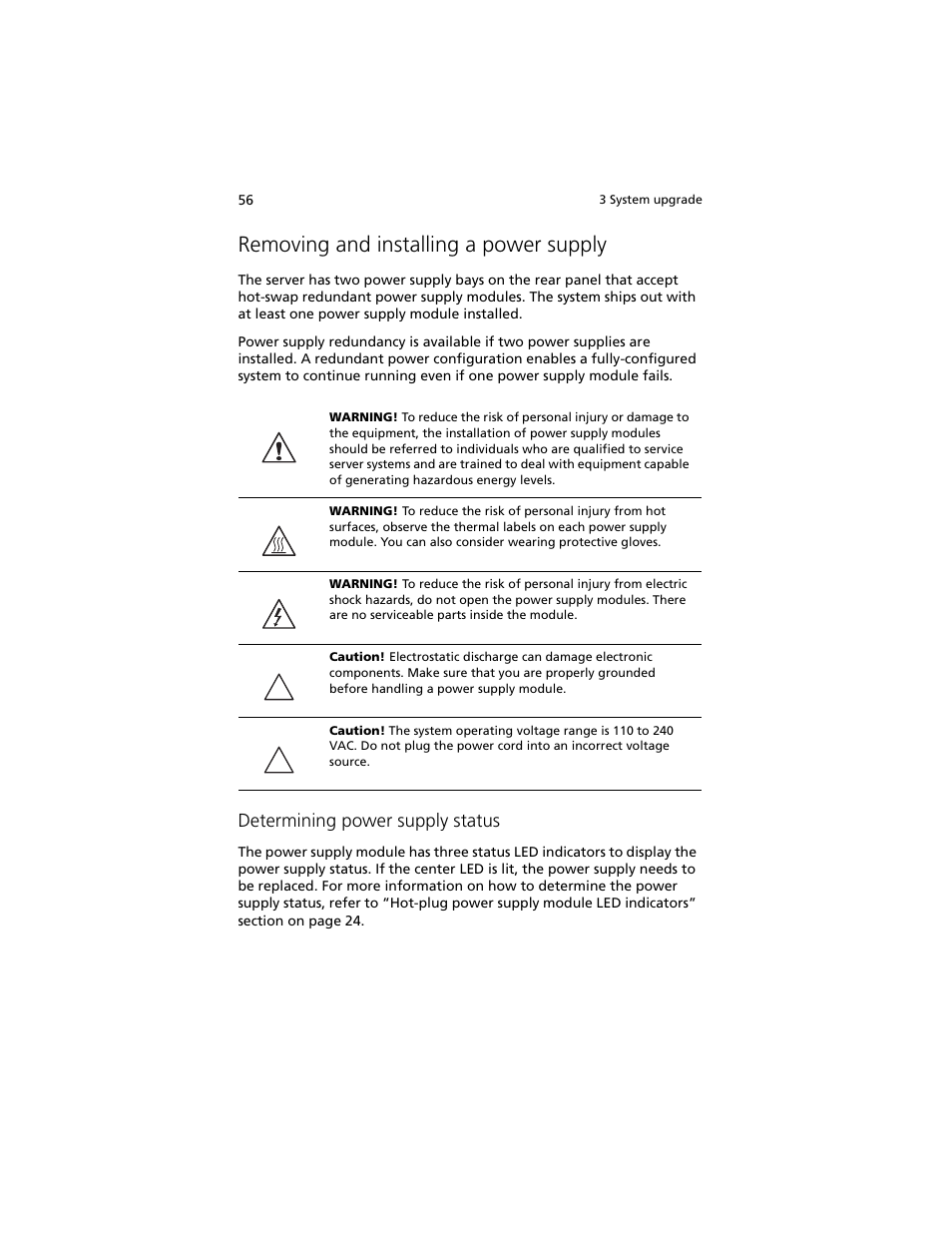 Removing and installing a power supply, Determining power supply status | Acer Altos R920 Series User Manual | Page 74 / 206