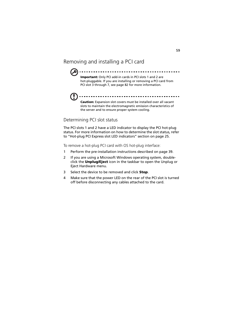 Removing and installing a pci card, Determining pci slot status | Acer Altos R920 Series User Manual | Page 77 / 206