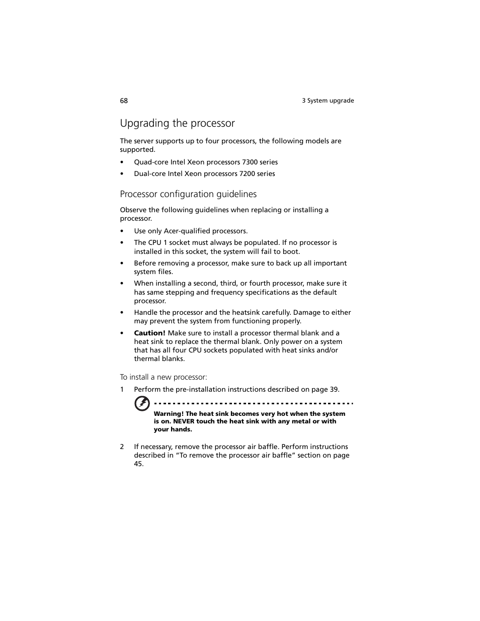 Upgrading the processor, Processor configuration guidelines | Acer Altos R920 Series User Manual | Page 86 / 206