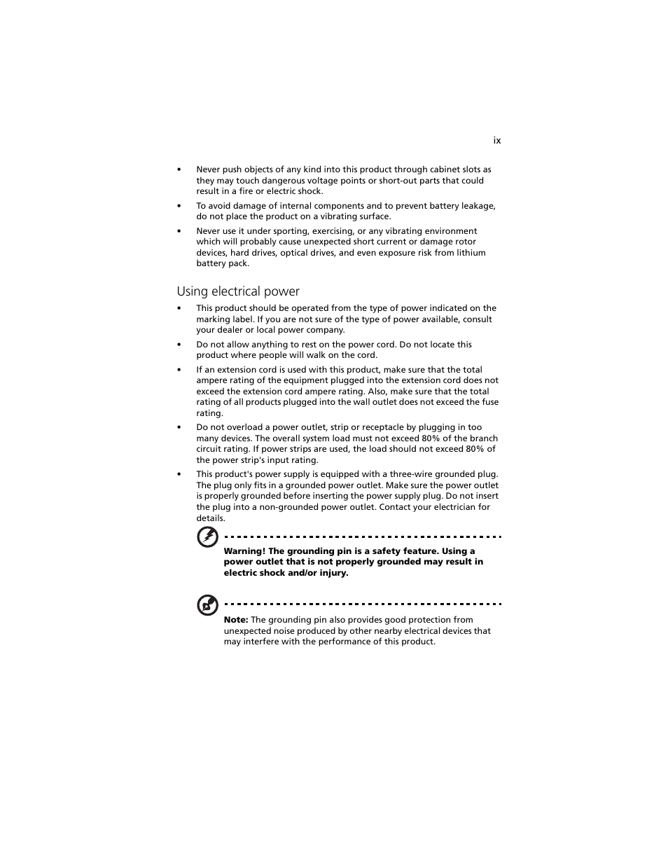 Using electrical power | Acer Altos R920 Series User Manual | Page 9 / 206
