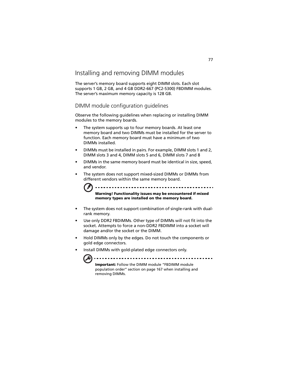 Installing and removing dimm modules, Dimm module configuration guidelines | Acer Altos R920 Series User Manual | Page 95 / 206