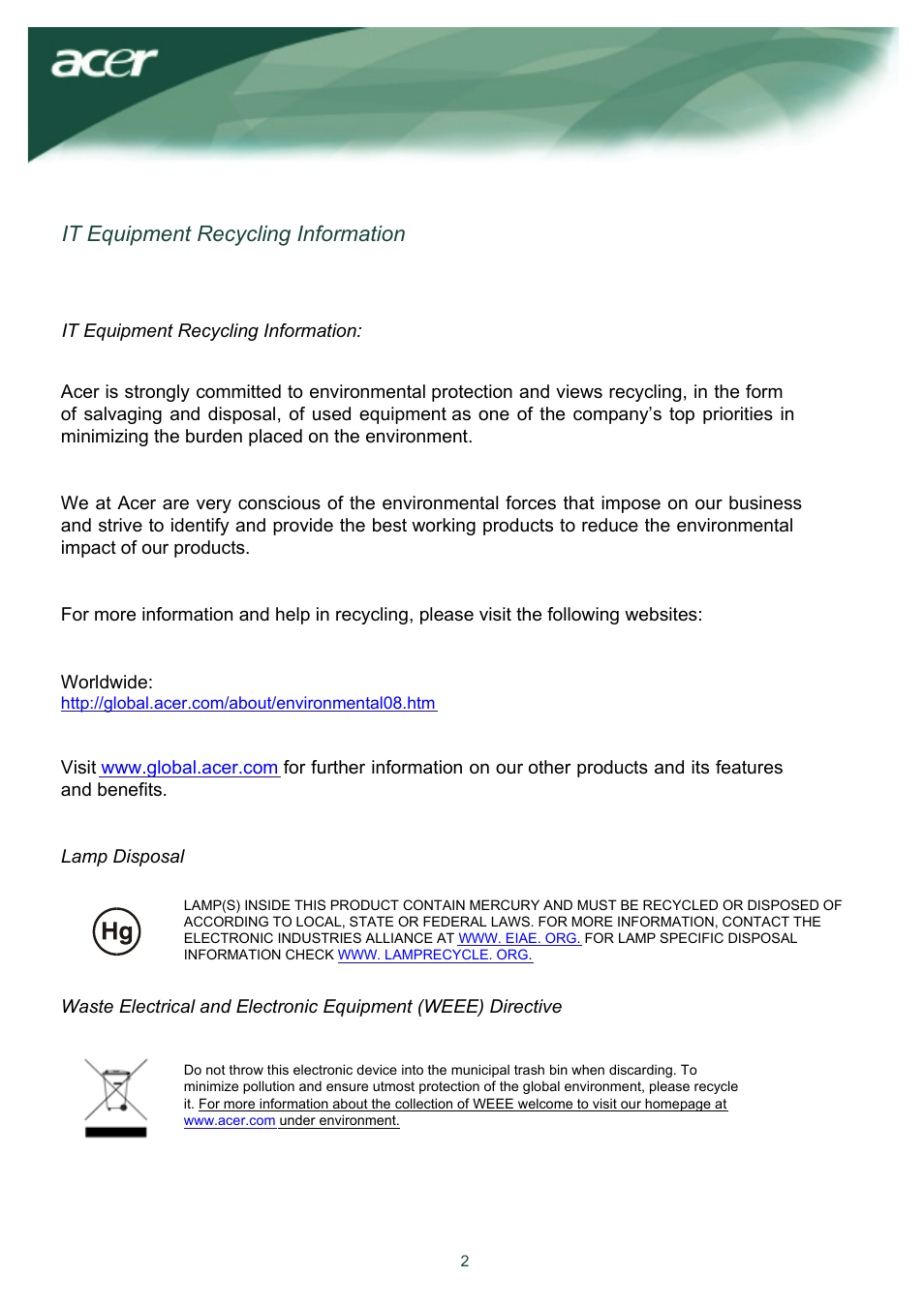 It equipment recycling information | Acer TCO03 User Manual | Page 3 / 12