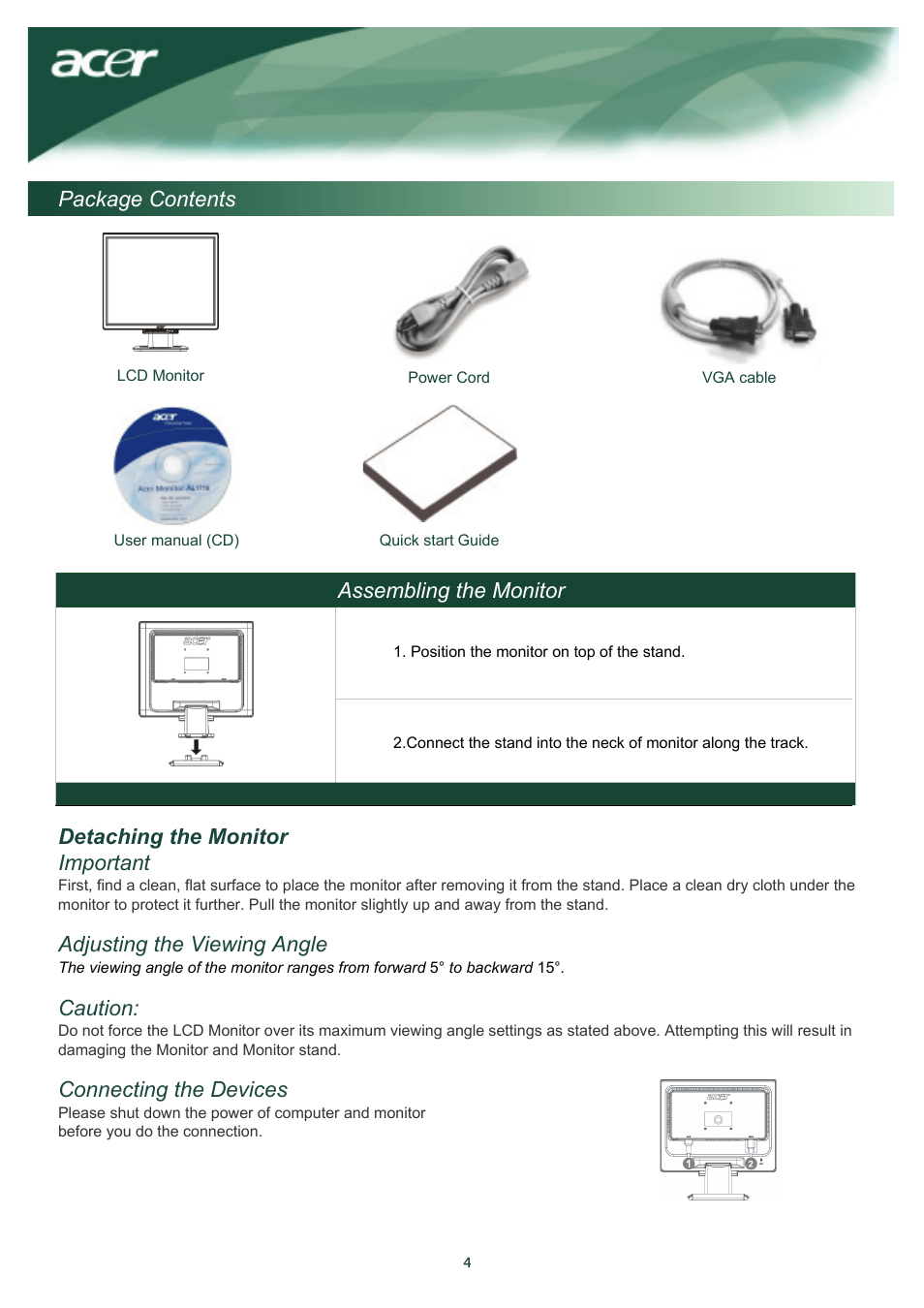 Assembling the monitor, Detaching the monitor important, Adjusting the viewing angle | Caution, Connecting the devices, Package contents | Acer TCO03 User Manual | Page 5 / 12