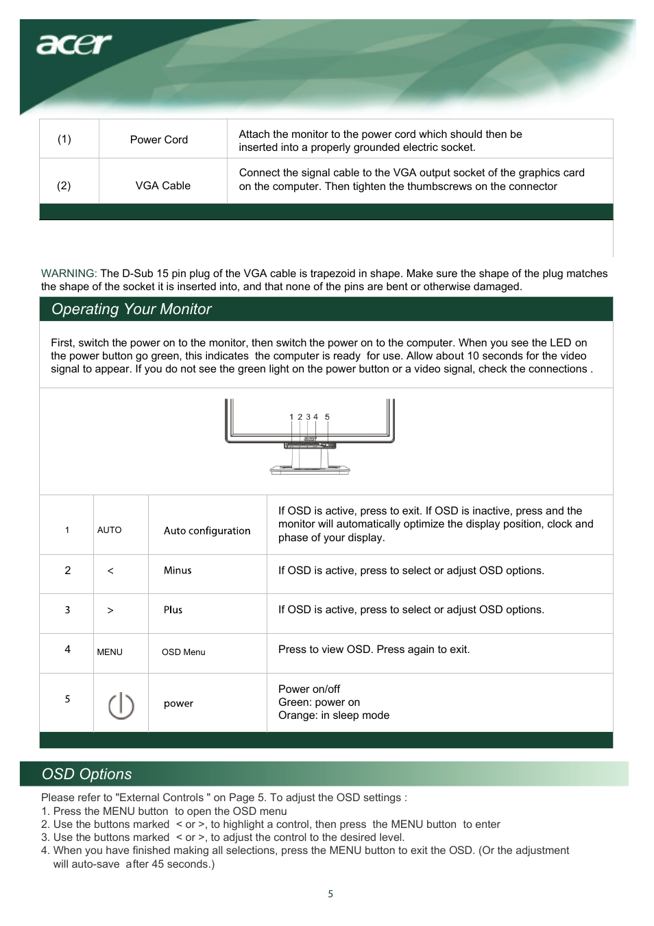 Operating your monitor, Osd options | Acer TCO03 User Manual | Page 6 / 12